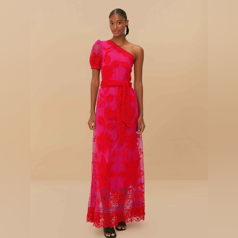 FARM Rio Bicolor Guipure One-Shoulder Maxi Dress Size Medium - Picture 1 of 11
